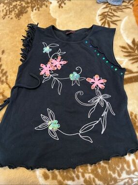 Simon Chang Black Embellished Asymmetric Short  Black Cotton Tank Top Size M